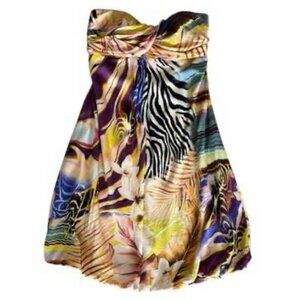 CACHE Animal Floral Silk Bubble Hem Strapless Cocktail Dress Sz 2 Party Wedding